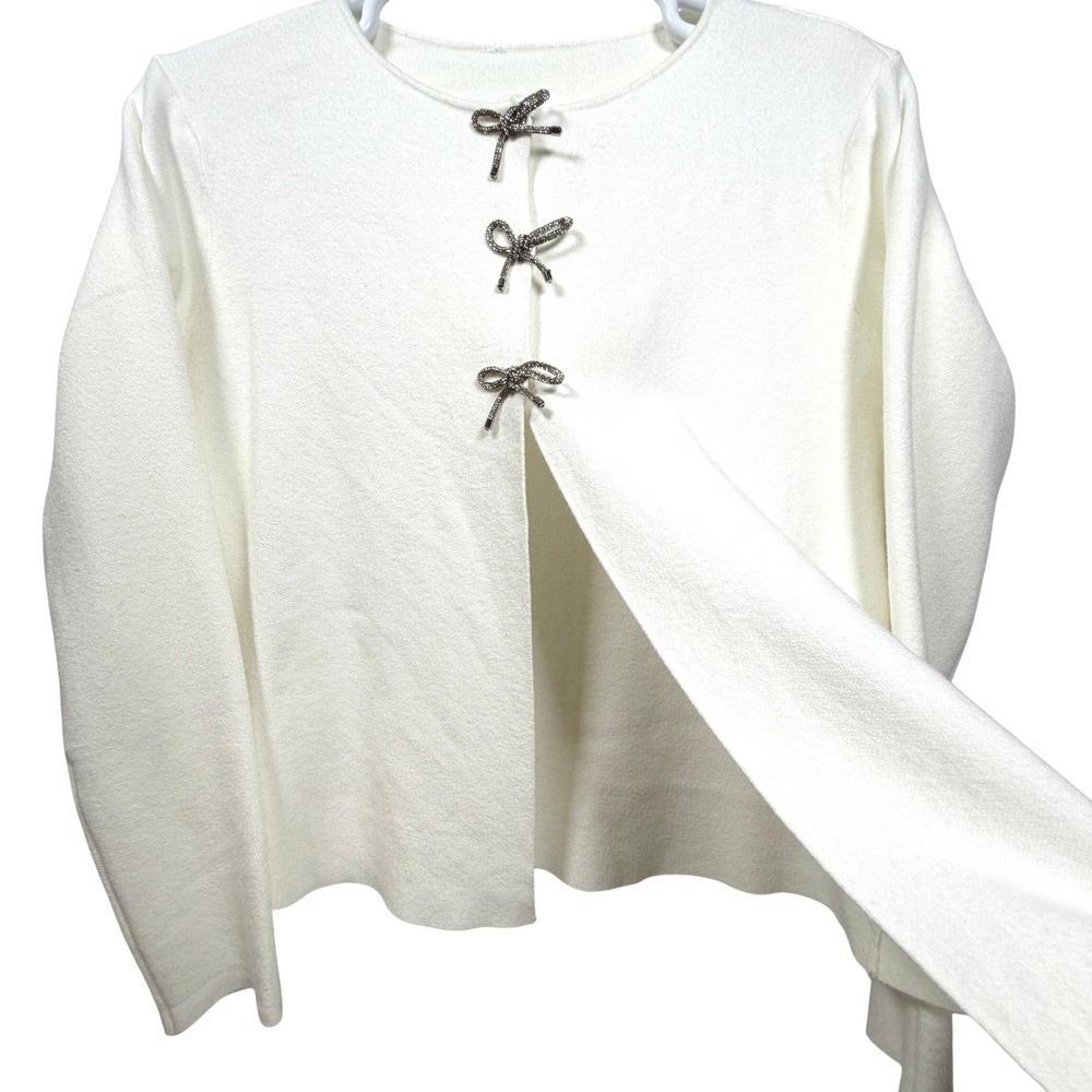 Bow Front Cardigan Sweater Rhinestone Textured Knit Winter White Women's L